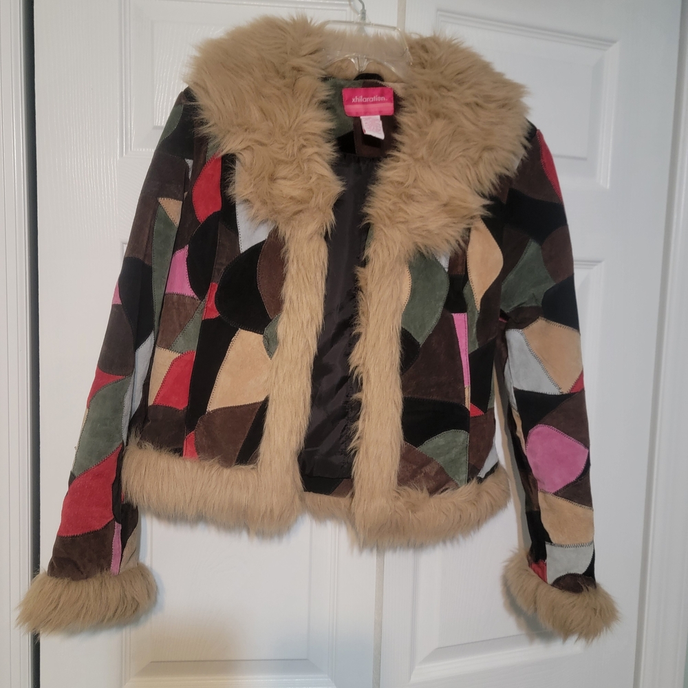 Vintage Xhilaration Multicolor Patchwork Jacket with Faux Fur Trim
